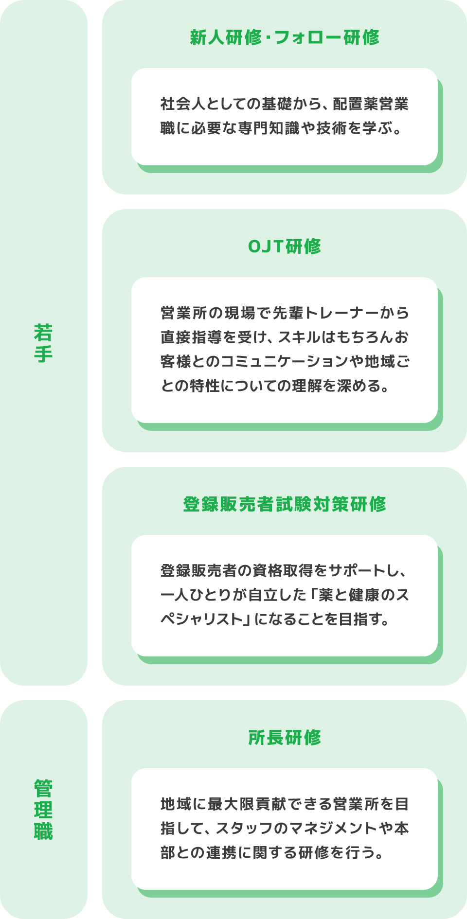 若手 新人研修・フォロー研修 社会人としての基礎から、配置薬営業職に必要な専門知識や技術を学ぶ。 OJT研修 営業所の現場で先輩トレーナーから直接指導を受け、スキルはもちろんお客様とのコミュニケーションや地域ごとの特性についての理解を深める。 登録販売者試験対策研修 登録販売者の資格取得をサポートし、一人ひとりが自立した「薬と健康のスペシャリスト」になることを目指す。 管理職 所長研修 地域に最大限貢献できる営業所を目指して、スタッフのマネジメントや本部との連携に関する研修を行う。