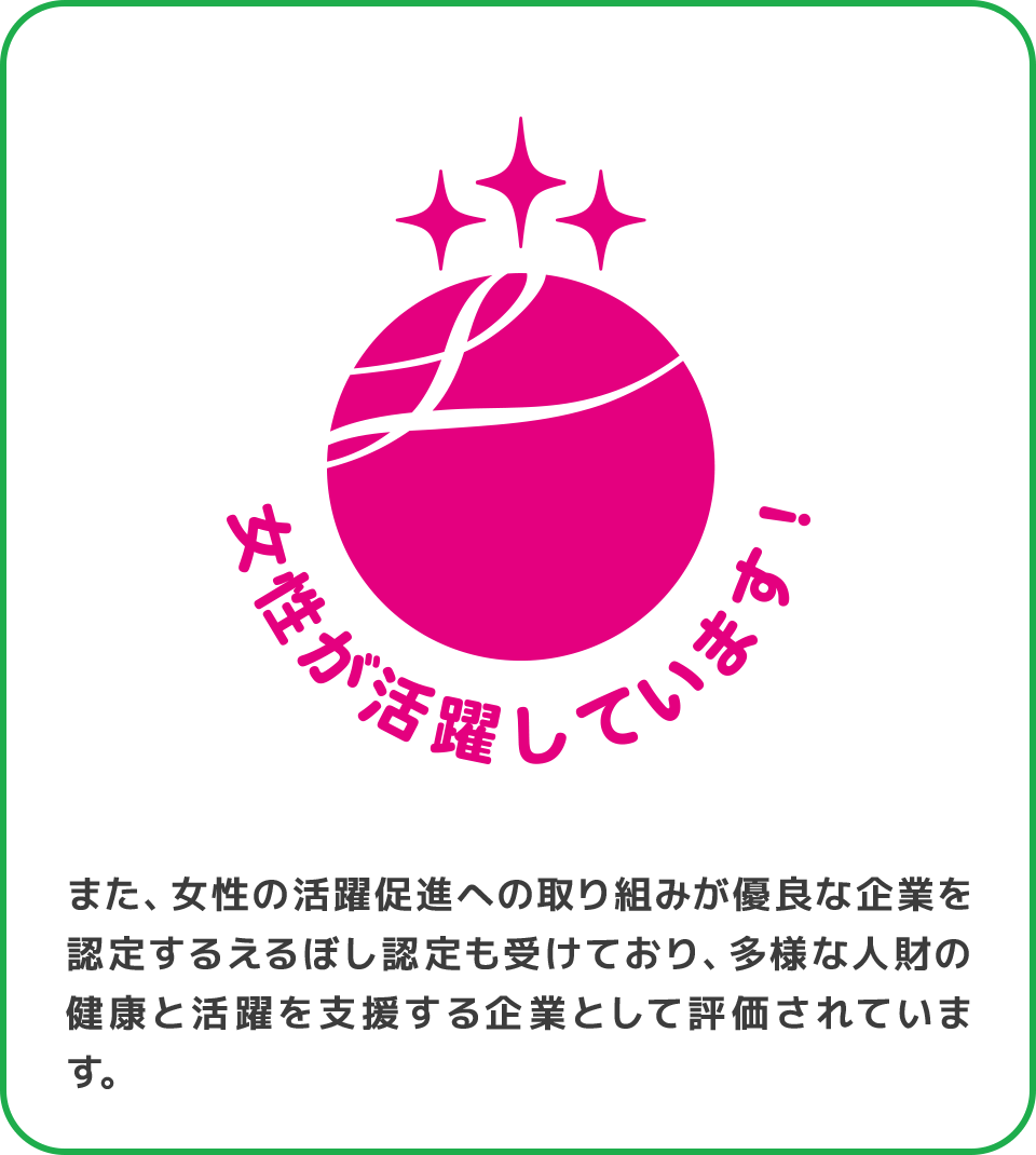 また、女性の活躍促進への取り組みが優良な企業を認定するえるぼし認定も受けており、多様な人財の健康と活躍を支援する企業として評価されています。