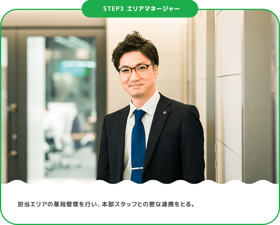 STEP3 エリアマネージャー 担当エリアの薬局管理を行い、本部スタッフとの密な連携をとる。