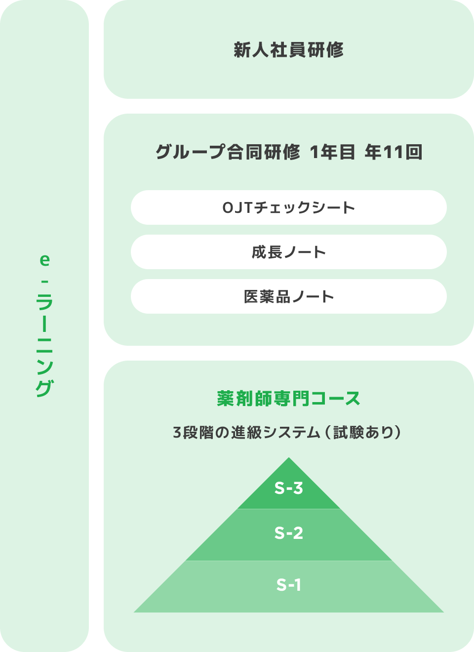 e-ラーニング 新人社員研修 グループ合同研修 1年目 年11回 OJTチェックシート 成長ノート 医薬品ノート 薬剤師専門コース 3段階の進級システム（試験あり） S-1 S-2 S-3