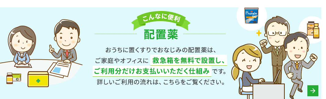 おうちに置くすりでおなじみの配置薬は、ご家庭やオフィスに救急箱を無料で設置し、ご利用分だけお支払いいただく仕組みです。 詳しいご利用の流れは、こちらをご覧ください。