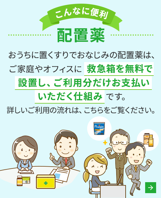 おうちに置くすりでおなじみの配置薬は、ご家庭やオフィスに救急箱を無料で設置し、ご利用分だけお支払いいただく仕組みです。 詳しいご利用の流れは、こちらをご覧ください。